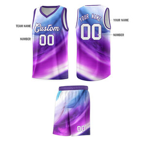 Conjunto de Uniforme de Baloncesto Sublimado Personalizado, Degradado Morado y Azul, Jersey y Pantalones Cortos de Poliéster Transpirable para Adultos - Product Image 5