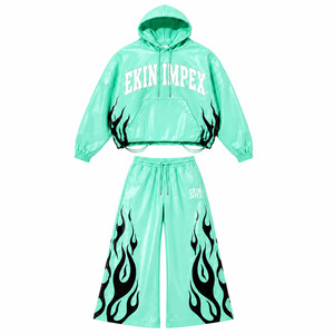 Conjunto Deportivo Personalizado con Logotipo, Verde Menta, Cuero PU Transpirable e Impermeable, Sudadera Holgada para Hombre, Pantalones Anchos, Ropa Urbana de Dos Piezas - Product Image 3