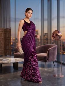 Women's <b>Purple</b> <b>Glitter</b> Print Saree With Floral Design Traditional Indian Wear For Wedding Floor-Length Regular Fit Stretchable S - Product Image 2