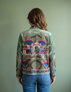 Premium Handcrafted Breathable <b>Quilted</b> Sage Green Velvet Kashmiri Crewel Full-Sleeve Embroidered Jacket <b>for</b> Women - Product Image 5