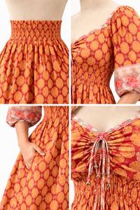 Vestido Largo Casual para Mujer con Mangas Abullonadas, Estampado Artesanal, Ribete Inferior, Cuello con Lazos y Bolsillos Laterales - Una Obra Maestra de la Moda - Product Image 3