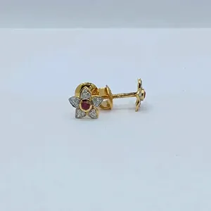 Pendientes de flor de oro de 22K con pétalos de diamante y centro de piedra roja para uso diario de mujer - Product Image 2