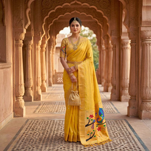 Sari en soie jaune avec broderies de paons et de fleurs pour femmes, tenue de mariage traditionnelle, style indien - Product Image 4