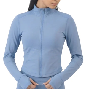 Women's Solid Blue Full Zip <b>Yoga</b> <b>Jacket</b> Stand Neck Long Sleeve Breathable Spandex Polyester Sportswear Regular Fit - Product Image 1