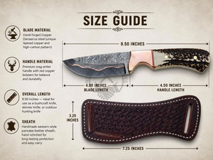 Nuevo Cuchillo de Caza Estilo Vaquero de 8.5 Pulgadas con Hoja de Acero Damasco y Cobre Cu-Mai, Fabricación Artesanal, Punta Caída, con Empuñadura de Asta de Ciervo - Product Image 3