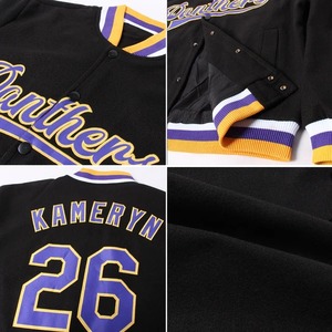 Blouson Bomber Varsity Personnalisé Noir, Violet et Or en Toile, Entièrement Boutonné, Bicolore, Premium, Unisexe, pour Sports d'Équipe, Streetwear, Respirant et Séchage Rapide - Product Image 5