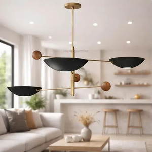 Lustre Sputnik de luxe de style Mid-Century, en laiton, 3 lumières, hauteur réglable, plafonnier LED, abat-jour noirs modernes - Product Image 3