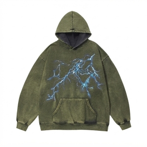 Sweat-shirt décontracté surdimensionné pour homme, vert olive, imprimé éclair bleu, brodé, 100% fibre de bambou, écologique, service OEM - Product Image 1