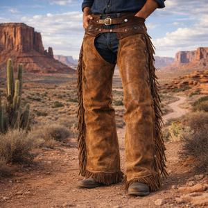 FAZMAX CORPORATION Chaps Vaqueros de Cuero Genuino para Hombre, Corte Regular de Talle Alto, Bolsillos Personalizados, Cierre con Hebilla y Flecos, para Montar a Caballo - Product Image 1