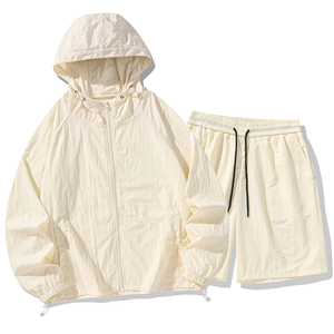 <b>Men's</b> Black Hooded Zipper Windbreaker <b>Jacket</b> and Woven Shorts Set Casual <b>Summer</b> Breathable Quick Dry 100% Nylon - Product Image 5