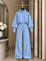 Ensemble deux pièces pour femmes, pantalon à jambes larges, haut court à col roulé et manches bouffantes, tenue élégante et décontractée pour l'automne et l'hiver