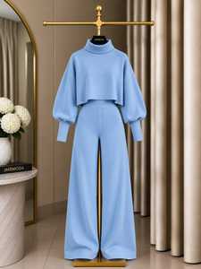Women’s Two Piece Wide Leg Pants Set <b>Cropped</b> <b>Turtleneck</b> Puff Sleeve <b>Top</b> Elegant Casual Autumn Winter Outfit - Product Image 1