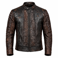 Veste en cuir de crocodile pour homme MH, style motard, col montant, fermeture éclair, coupe ajustée, pour l'automne