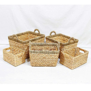 Natural Water Hyacinth Mix Seagrass Eco-Friendly Rustic <b>Rectangle</b> Frame <b>Storage</b> <b>Basket</b> Set Handles for Home Laundry Organizing - Product Image 5