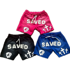 Ropa de calle informal para hombre, pantalones cortos para correr de algodón 100% de alta calidad, dobladillo crudo, estampado de abullonado 3D, pantalones cortos sólidos con lavado ácido de piedra desteñida al sol - Product Image 1