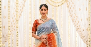 Traditional Indian Silk <b>Saree</b> For Women Wedding <b>Orange</b> Blue Gradient Embroidered Sari Regular Fit Floor Length Ethnic Wear - Product Image 6
