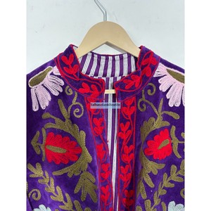 Autumn <b>Coat</b> Floral Embroidery Purple <b>Velvet</b> Embroidered Blazer <b>Women</b> Mandarin Collar Full Sleeve <b>Coat</b> - Product Image 2