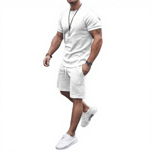 Custom Embroidery Men's White T-Shirt and Shorts <b>Set</b> Casual Summer <b>Knitted</b> Solid Color Breathable Sportswear Joggers - Product Image 3