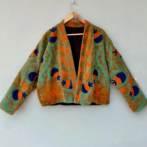 Bohemian Style Floral <b>Quilted</b> <b>Velvet</b> Crop Jacket for Women Reversible with Cotton Filling and Embroidery Fall Winter Coat - Product Image 1