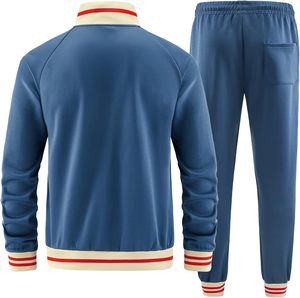 Ensemble de survêtement décontracté bleu pour homme avec veste zippée intégrale et pantalon, coupe sportive régulière, idéal pour l'hiver avec poches latérales - Product Image 2