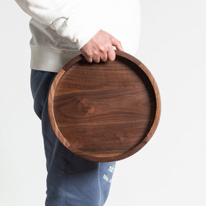 Stylish Dark Brown Wooden Round Serving Tray <b>Large</b> Solid Wood Coffee Table Decorative Wooden Tray With Handles - Product Image 2