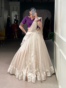 Designer Viscose Border Poly Tasar <b>Silk</b> Lehenga With Beads Work Banglory <b>Blouse</b> And Poly Tasar <b>Silk</b> Dupatta Set - Product Image 1