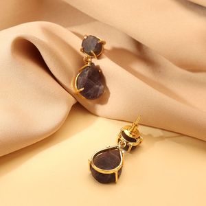 Boucles d'oreilles pendantes personnalisées en améthyste plaquée or, alliage de zinc, pierre naturelle, forme goutte d'eau, style vintage pour femmes - Product Image 3