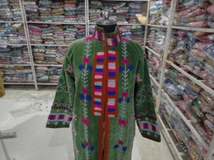 Handmade Finished Long Breathable Eco-Friendly Velvet Bomber <b>Jacket</b> <b>Mandarin</b> <b>Collar</b> Embroidered Sunflower Floral Knitted Cotton - Product Image 4
