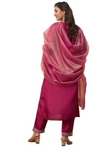 Women's Maroon Vichitra Silk Quick Dry Loose Fit <b>Kurta</b> Pant Set Embroidery Dupatta Traditional <b>Indian</b> Pakistani Wear - Product Image 4
