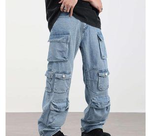 Pantalon cargo en denim délavé coupe droite pour homme, plusieurs poches, taille élastique, style workwear, poids moyen, tissu 100% coton tissé - Product Image 2