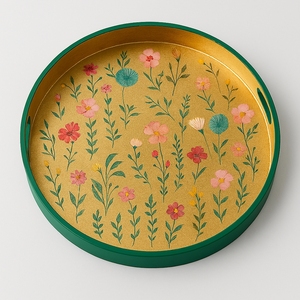 Bandeja Redonda de Esmalte Floral con Grabado, Diseño Contemporáneo, Borde Verde, Tono Dorado, para Fiestas, Mesa de Comedor, Decoración de Tocador - Product Image 2