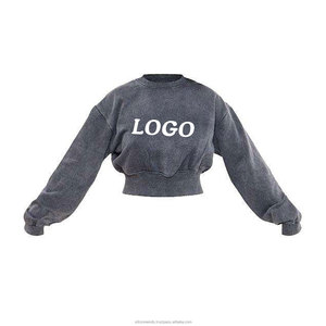 Ensemble de mode streetwear pour femmes grandes tailles, délavé et vieilli, avec logo brodé, comprenant un crop top et un sweat à capuche oversize à manches longues - Product Image 4