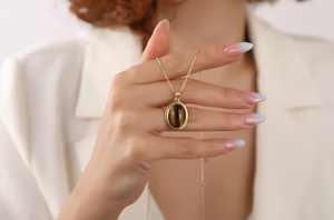 Collier pendentif œil de tigre ovale en argent sterling 925 plaqué or 14 carats, certifié IGI, design unique, bijou élégant, cadeau pour femme - Product Image 5