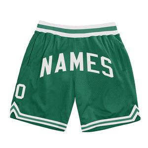 Shorts de basket-ball pour hommes Basic Green Rice Mesh, décorés de rayures blanches et vertes, avec application brodée, nom, numéro et logo personnalisés. - Product Image 3