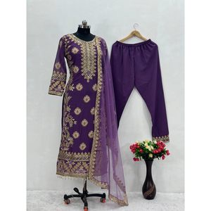 DISEÑADOR GEORGETTE SECUENCIA UN TRABAJO A MANO TOP BOTTOM CON DUPATTA PURPLE - Product Image 1