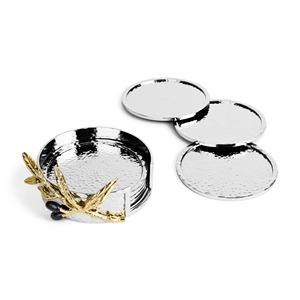 Gold Leaf Accent Silver Finished <b>Coaster</b> Ideal For Coffee Tea Drinks Home Office Kitchen And Stylish Functional <b>Table</b> Accessory - Product Image 1