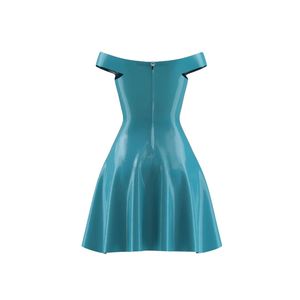 Off Shoulder Teal PU Mini <b>Dress</b> A-Line Fitted Sleeveless Solid Color Party Wear Summer Sexy Style - Product Image 3