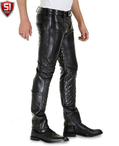 Pantalon de moto pour homme Sumroos en cuir véritable, imperméable, mi-épais, matelassé, jambe extensible, fermeture boutonnée, style denim, hiver - Product Image 2