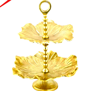 Elegant Design Two Tier Leaf Design Stainless Steel Eco-Friendly Cake Stand Gold Finish for Desserts Snacks Parties - Product Image 1