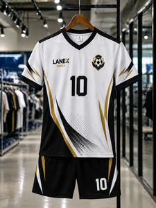 Ensemble de tenue de football Elite blanc et noir avec rayures dorées, uniforme sportif de haute qualité avec tissu respirant pour l'entraînement - Product Image 5