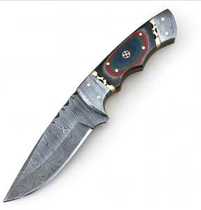 Cuchillo de exterior hecho a mano de acero de Damasco con mango de resina multicolor y mosaico, funda de cuero. - Product Image 6