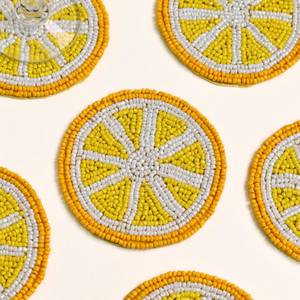 Handmade <b>Beaded</b> <b>Coaster</b> Mats Round Lemon Design Yellow White Bohemian Table Decor Polyester Cotton 300mm Diameter Set of 6 - Product Image 2
