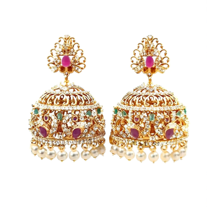 Nova Mart Big American Diamond Gold Plated Oxidized Polish Casual Pearl Jhumka Hoop Earrings - Product Image 2
