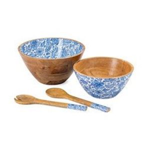 Lot de bols à salade en bois en gros, avec intérieur émaillé imprimé, bols décoratifs pour fruits, grands bols de service en bois avec ustensiles - Product Image 1