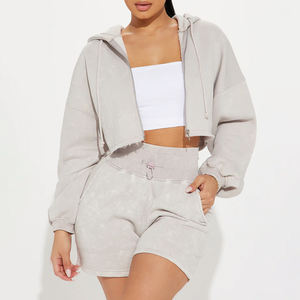 Nouvelle Collection Femme : Ensemble Printemps en Molleton Bouclette Uni, comprenant un Sweat à Capuche à Épaules Tombantes, Manches Courtes, Effet Vieilli et Fermeture Éclair au Genou, et un Short Taille Haute - Product Image 3