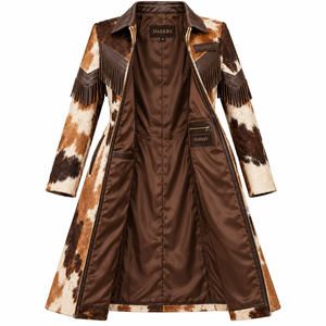 Maßgefertigter Damen-Westernmantel aus Haarleder, OEM-Kuhfell-Fransen-Revers-Trenchcoat, Direktlieferung ab Werk - Product Image 5
