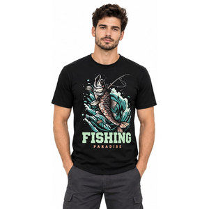 Fishing Paradise Herren-T-Shirt aus schwarzer Baumwolle mit Fisch-Design, atmungsaktiv, lässiges Oberteil - Product Image 4