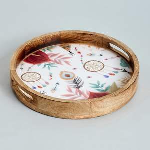 Bandeja Decorativa Multiusos con Estampado de Atrapasueños Boho, Bandeja Redonda de Madera de Mango Hecha a Mano para Pedidos al por Mayor - Product Image 4