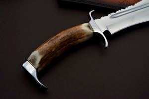 Couteau de chasse et de camping Bowie avec lame en acier D2, manche en bois de cerf, bord partiellement dentelé, couteau de camping d'extérieur, avec étui - Product Image 5