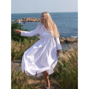 Vestido largo de algodón blanco para mujer, manga larga, cuello en V, corte holgado, vestido largo informal para verano - Product Image 3